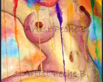 Lesbian Art, Femme Painting, Female Nude Art,  Girlfriend Gift, Gift for him, Collectible Art, Black Art, Nude Art, by Artist Peche B.