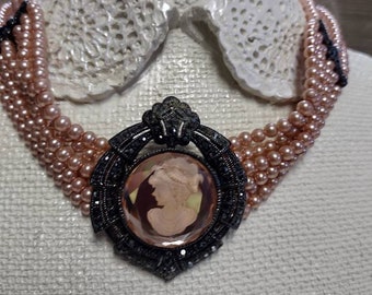 CAMEO n PEARL Choker necklace. Beautiful Pink Statement Necklace.