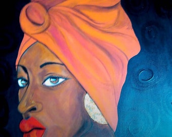 Original Painting, Acrylic Art, Black Woman Art, Orange Headwrap Art by Artist Peche B.