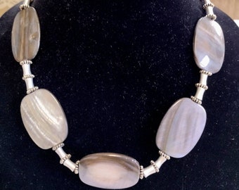 Grey Agate Beaded Necklace. Big beads adorn the is beautiful Statement Necklace.
