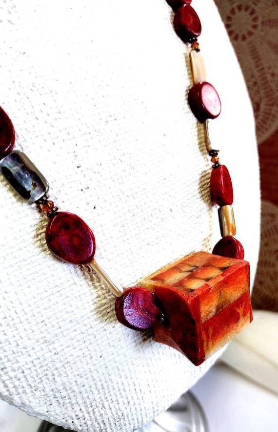 Beautiful Beaded Necklace with large Square Red Be