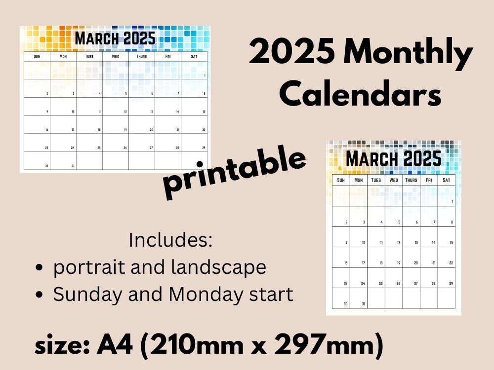 Printable 2025 Calendars With Yellow Blue Pixel Design A4 - Etsy