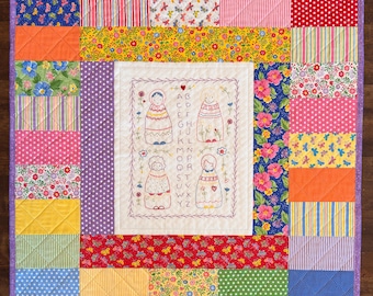 Alphabet Sampler Baby Quilt - Hand Embroidered - Handmade Patchwork Nursery Quilt - 29.5" x 32.5"