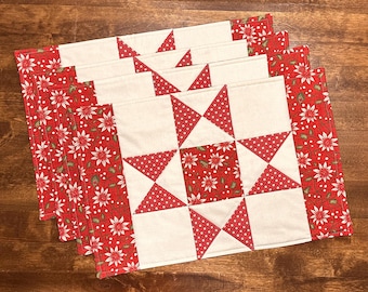 Handmade Quilted Christmas Ohio Star Placemats: Festive Holiday Decor, Set of 4 - 12" x 18" Each