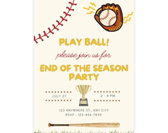 Einladung zur Baseball Party | Bearbeitbare digitale Ende der Saison Team Party einladen | Spielball Geburtstag Vorlage zum Ausdrucken