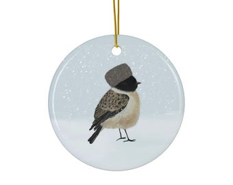 Wintermees keramisch ornament | Rond dubbelzijdig vogelornament