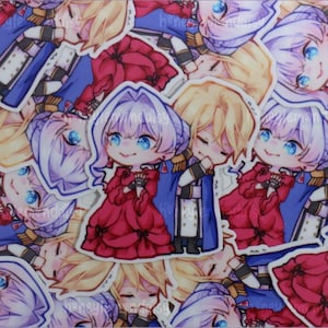 Könnte beinhalten: Eine Sammlung von Aufklebern mit Anime-Charakteren. Die Aufkleber zeigen einen männlichen und einen weiblichen Charakter in detaillierten Outfits, wobei der weibliche Charakter ein rotes Kleid und der männliche Charakter eine blaue Uniform trägt. Die Charaktere haben große Augen und lächeln.