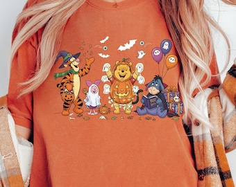 Retro Winnie The Pooh Halloween Shirt, Comfort Colors® Pooh Halloween T-Shirts, Pooh And Friends Halloween Shirt, Pooh Halloween Family Tees