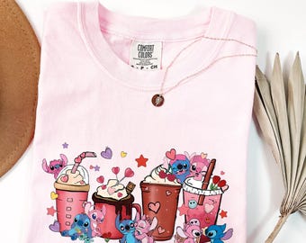 Stitch and Angel T-shirt, Disney Valentines Shirt, Valentines Coffee Shirt, Stitch Coffee Latte, Coffee Lover Valentine Gift,Comfort Colors®