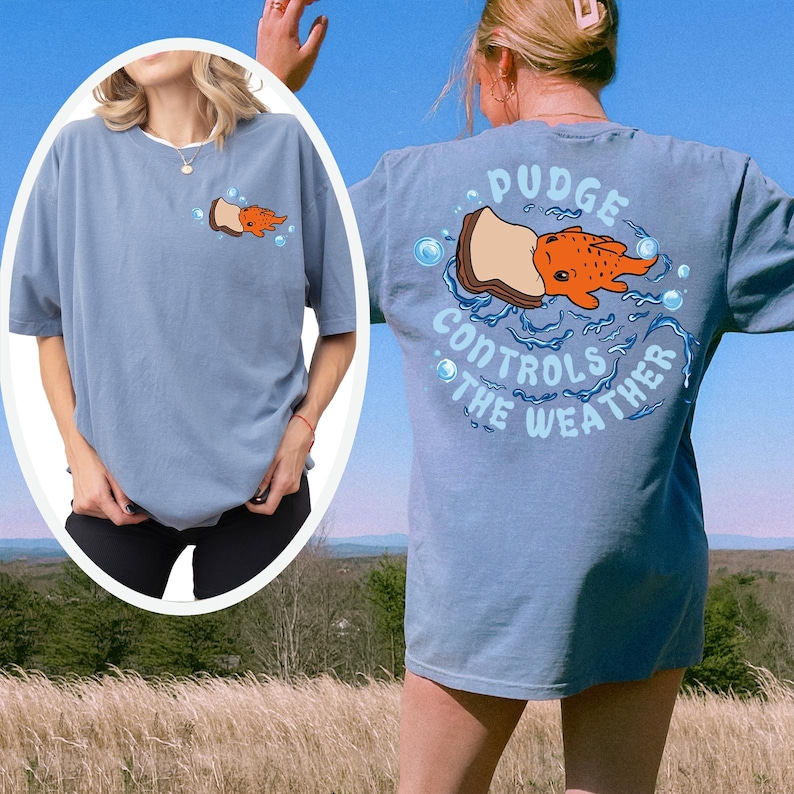 May include: A light blue t-shirt with a graphic of a cartoon fish on a piece of bread, with the text "Pudge Controls the Weather". The shirt has a relaxed fit and short sleeves. The design is on the front and back of the shirt.