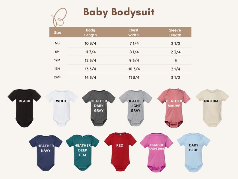 K&ouml;nnte beinhalten: Eine Auswahl an Baby-Bodys in verschiedenen Farben, darunter Schwarz, Wei&szlig; und Rot. Das Bild zeigt auch eine Gr&ouml;&szlig;entabelle mit Ma&szlig;en in cm f&uuml;r K&ouml;rperl&auml;nge, Brustweite und &Auml;rmell&auml;nge. Der Text "Baby Bodysuit" befindet sich oben.