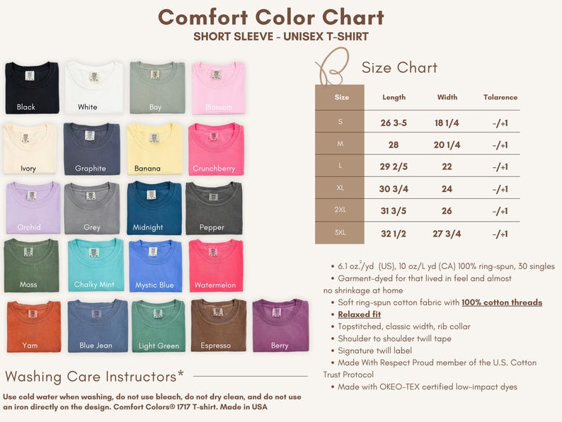 K&ouml;nnte beinhalten: Unisex Comfort Colors T-Shirts mit kurzen &Auml;rmeln in verschiedenen Farben, darunter Schwarz, Wei&szlig; und Blau. Die Gr&ouml;&szlig;entabelle zeigt die Ma&szlig;e in Zoll, von S bis 3XL. Waschanleitung ebenfalls enthalten.