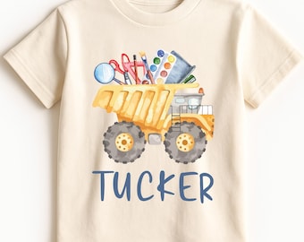 Custom Name Dump Truck T-Shirt, Personalized School Shirt for Kids, Boys Back to School Graphic T-shirts, Comfort Color®, Boy Truck T-shirts