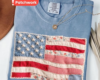 Camiseta Comfort Colors® con estampado de patchwork de la bandera estadounidense, camiseta patriótica del 250 aniversario del 4 de julio, camisetas vintage con estampado acolchado de EE. UU.