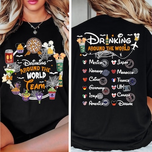 May include: Black t-shirt with the text "Drinking Around The World Team" and various cartoon drink illustrations. The back of the shirt lists countries like Mexico, Japan, and France, with the phrase "Drinking Around The World".