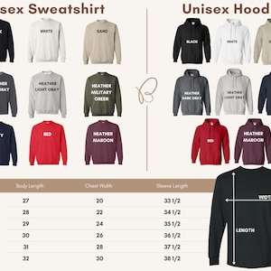 K&ouml;nnte beinhalten: Darstellung von Unisex-Sweatshirts und -Hoodies in verschiedenen Farben, darunter Schwarz, Wei&szlig; und Marineblau. Das Bild zeigt auch eine Gr&ouml;&szlig;entabelle mit K&ouml;rperl&auml;nge, Brustweite und &Auml;rmell&auml;ngenmessungen in cm.