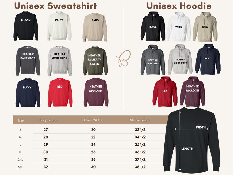 K&ouml;nnte beinhalten: Darstellung von Unisex-Sweatshirts und -Hoodies in verschiedenen Farben, darunter Schwarz, Wei&szlig; und Marineblau. Das Bild zeigt auch eine Gr&ouml;&szlig;entabelle mit K&ouml;rperl&auml;nge, Brustweite und &Auml;rmell&auml;ngenmessungen in cm.