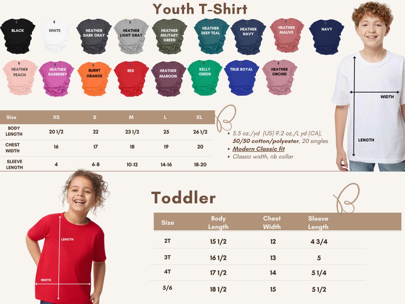 K&ouml;nnte beinhalten: Abbildung von T-Shirts f&uuml;r Jugendliche und Kleinkinder in verschiedenen Farben, darunter Schwarz, Wei&szlig; und Marineblau. Gr&ouml;&szlig;entabellen zeigen K&ouml;rperl&auml;nge, Brustweite und &Auml;rmell&auml;nge in Zoll. Die Shirts bestehen aus einer Baumwoll-/Polyester-Mischung.