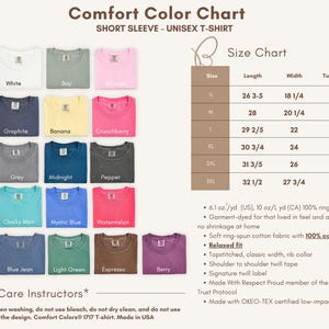 Puede incluir: Tabla de colores para camisetas unisex de manga corta Comfort Colors. La tabla muestra varios colores de camisetas, incluyendo negro, blanco y rosa, con una tabla de tallas en pulgadas. Tambi&eacute;n se incluyen instrucciones de lavado.
