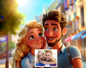 Ritratto personalizzato di cartoni animati di coppia ispirato alla Disney - Regalo ideale per il tuo amore, animazione in stile Pixar, foto per disegno Disney