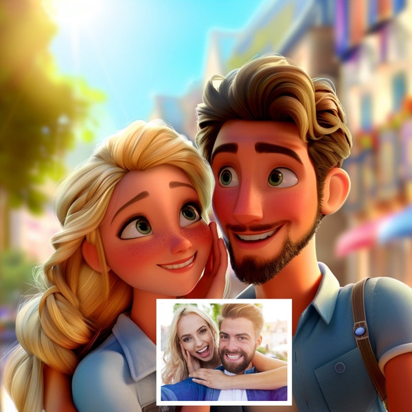 Portrait de dessin animé de couple personnalisé inspiré de Disney - cadeau idéal pour votre amoureux, animation de style Pixar, photo à dessin Disney