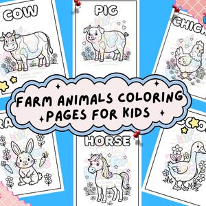 May include: A collection of six black and white colouring pages featuring farm animals including a cow, pig, chicken, rabbit, horse, and goose. The pages are labelled with their respective animal names and include floral accents. The text reads FARM ANIMALS COLORING PAGES FOR KIDS.