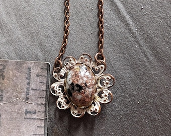Vintage copper glass opal stone on filigree necklace pendant