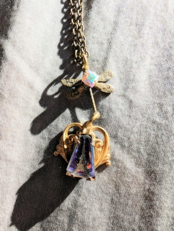 Vintage glass  Eiffel Tower and dragonfly pendant 18-In chain Swarovski Crystal