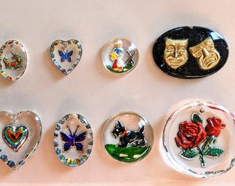 Assorted vintage glass intaglios select heart butterfly dog rose mask dutch girl