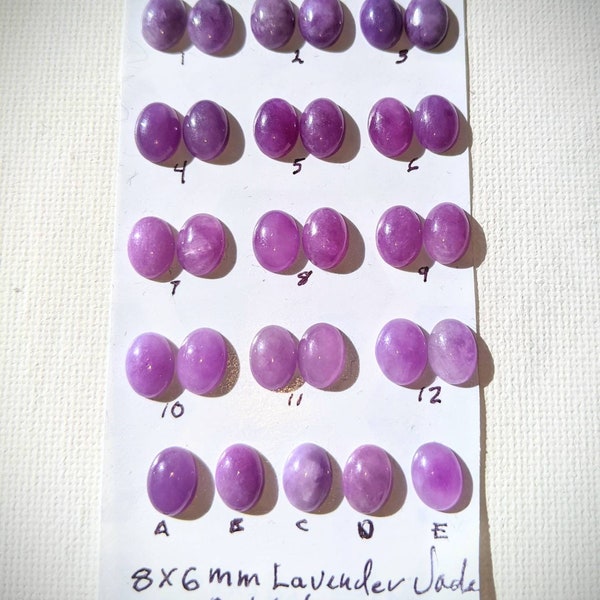 Grade A lavender Jade 8x6mm purple oval cabs cabochons undyed untreated natural NOS pairs and singles cabochon for jewelry making 1950 lilac