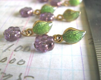 2 pairs vintage NOS ear wires purple grape cluster Czech pressed glass with enameled green leaves findings earstuds earpeg pericing