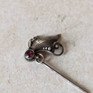 Vintage sterling garnet stick pin brooch handmade swirl leaf design classy hat pin