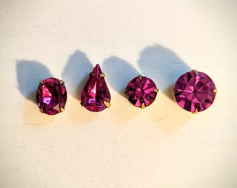 2pc vintage fuchsia pink rhinestone in brass setting