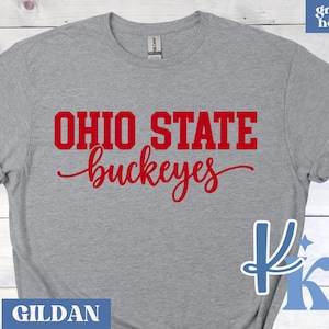May include: A graphite heather gray short-sleeve t-shirt featuring the red text OHIO STATE in a block font and the word buckeyes in a red cursive script. The shirt has a Gildan brand label at the neck and a small blue logo in the bottom right.