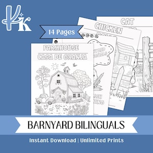 May include: A 14-page digital coloring book titled Barnyard Bilinguals featuring black and white line art illustrations of farm scenes, animals, and buildings with text labels in English and Spanish, including a barn, truck, and chicken coop.