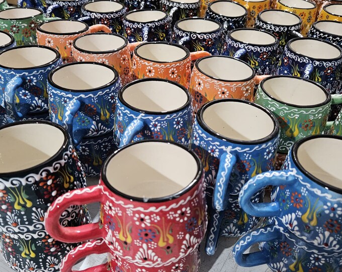 Tasse à café en céramique colorée peinte à la main, Tasse à café faite main de 11 oz, Grande tasse florale, Tasse à café traditionnelle turque, Cadeau fait main