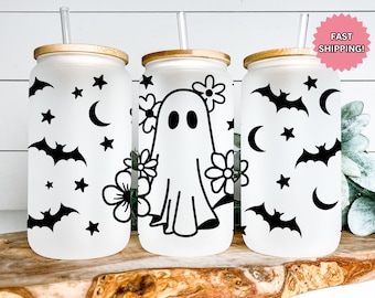 Ghost Glass Cup, Ghost Bats Glass Cup, Friendly Ghost Cup, Iced Coffee Ghost Cup, Cute Ghost Glass Can, Halloween Ghost Coffee Glass Cup