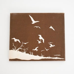 1980s Marüshka Brown Flying Birds Fabric Art, 14" x 16"