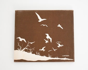 1980s Marüshka Brown Flying Birds Fabric Art, 14" x 16"