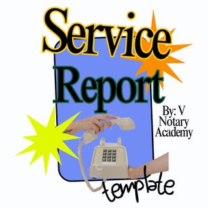 Pode incluir: Um design gráfico com o texto Service Report By: V Notary Academy template. A imagem inclui um telefone fixo bege com o auscultador levantado, sobre um fundo retangular azul com detalhes em forma de estrela amarela.