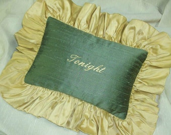 Tonight Pillow - Olive Green Silk with Gold Silk Ruffle