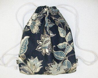 String Backpack - Midnight Blue Floral Cotton