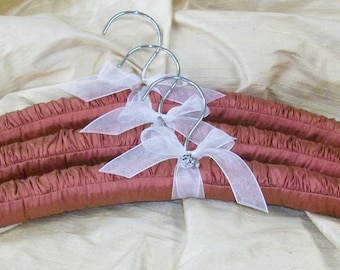 3 Padded Silk Hangers - Burnt Sienna with White Ribbon and Charms