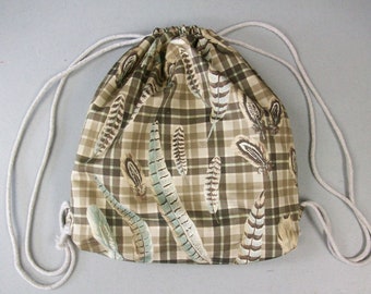 String Backpack - Cotton Plaid and Feather Print