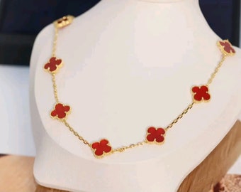 Kleeblatt Halskette Rot Gold