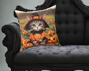 Almohada cuadrada de gamuza sintética Meow-loween, almohada de gato y gatito espeluznante de Halloween