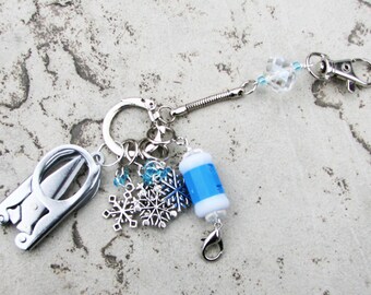 Snowflake Knitter's Chatelaine with Non-Snag Stitch Markers, Row Counter & Folding Scissors on a Decorative Clasp