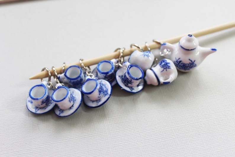 Tiny Blue and White China Tea Set Non-Snag Stitch Markers image 2