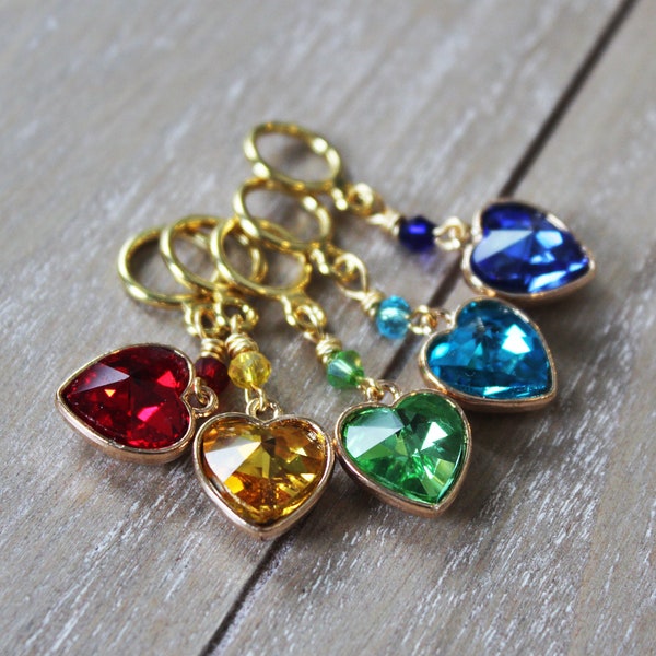 A Rainbow of Jeweled Hearts Non-Snag Stitch Markers