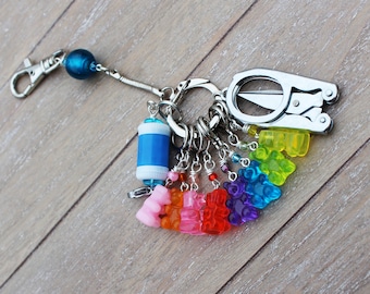 Gummy Bears Knitter's Chatelaine with Non-Snag Stitch Markers, Row Counter & Folding Scissors on a Decorative Clasp